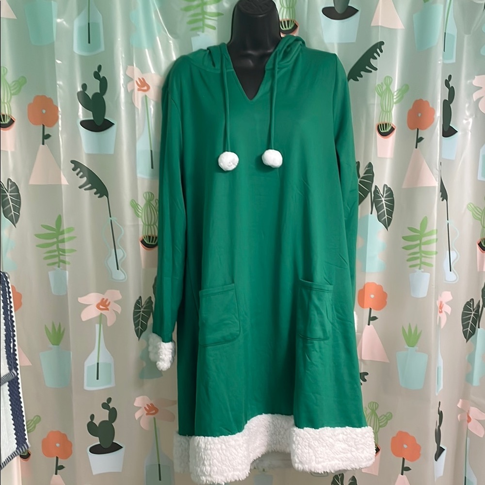 Vibrant Green Hooded Dress with White Pom-Poms